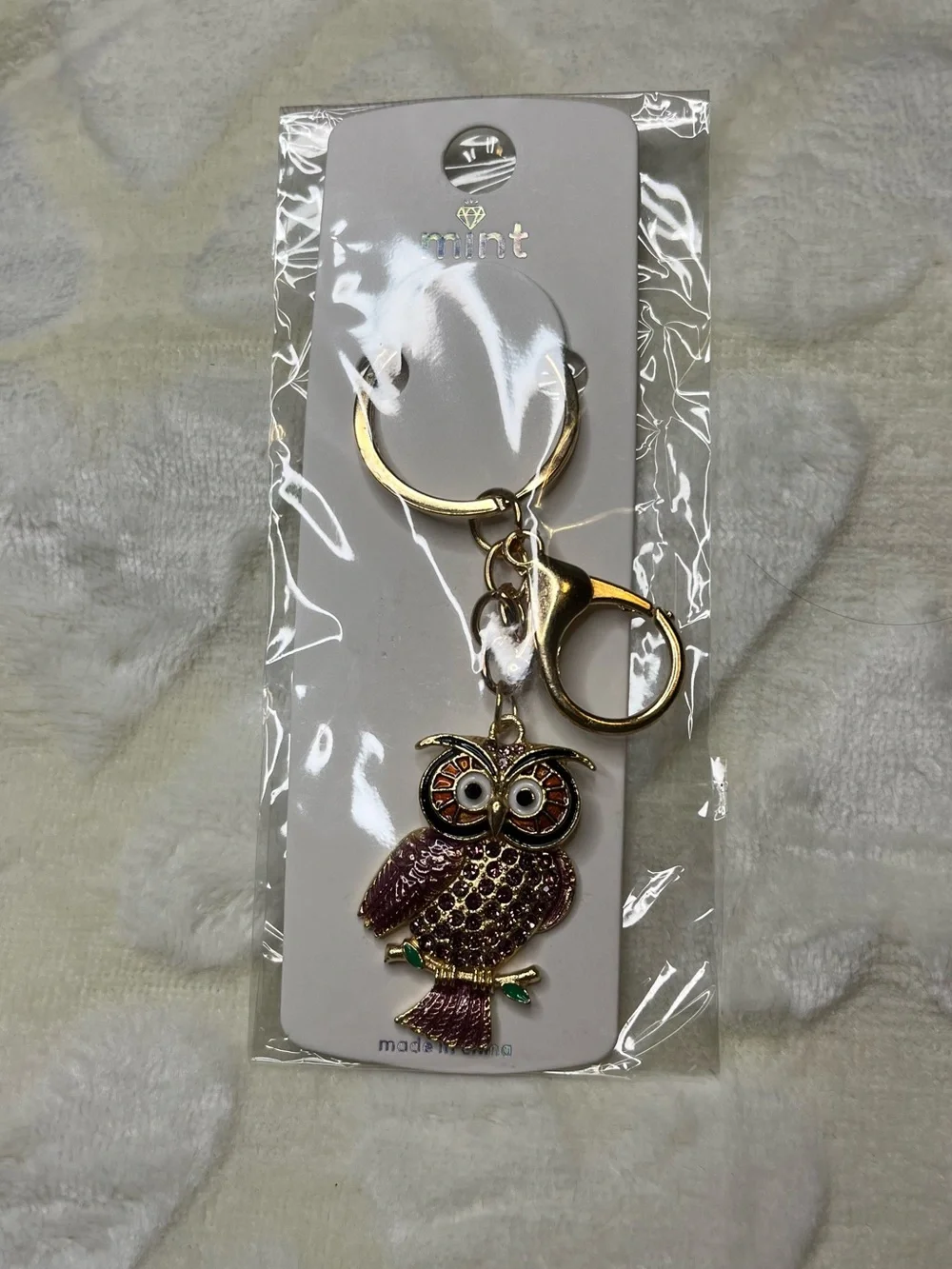 Mint Gold and Purple Owl Keychain Charm